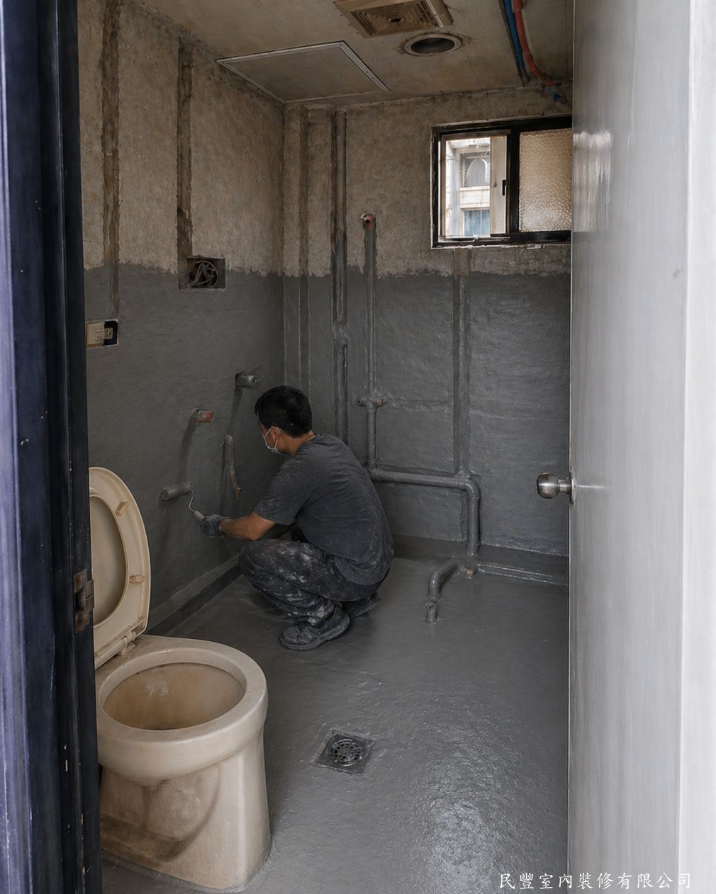 民豐室內裝修-水電與防水工程-防水是浴室翻修的關鍵環節。我們選用專業彈性水泥防水塗料，分二至三層施作，並由地坪延伸至牆面180公分高度，淋浴區更加強至天花板，徹底阻絕滲水風險，避免將來影響樓
