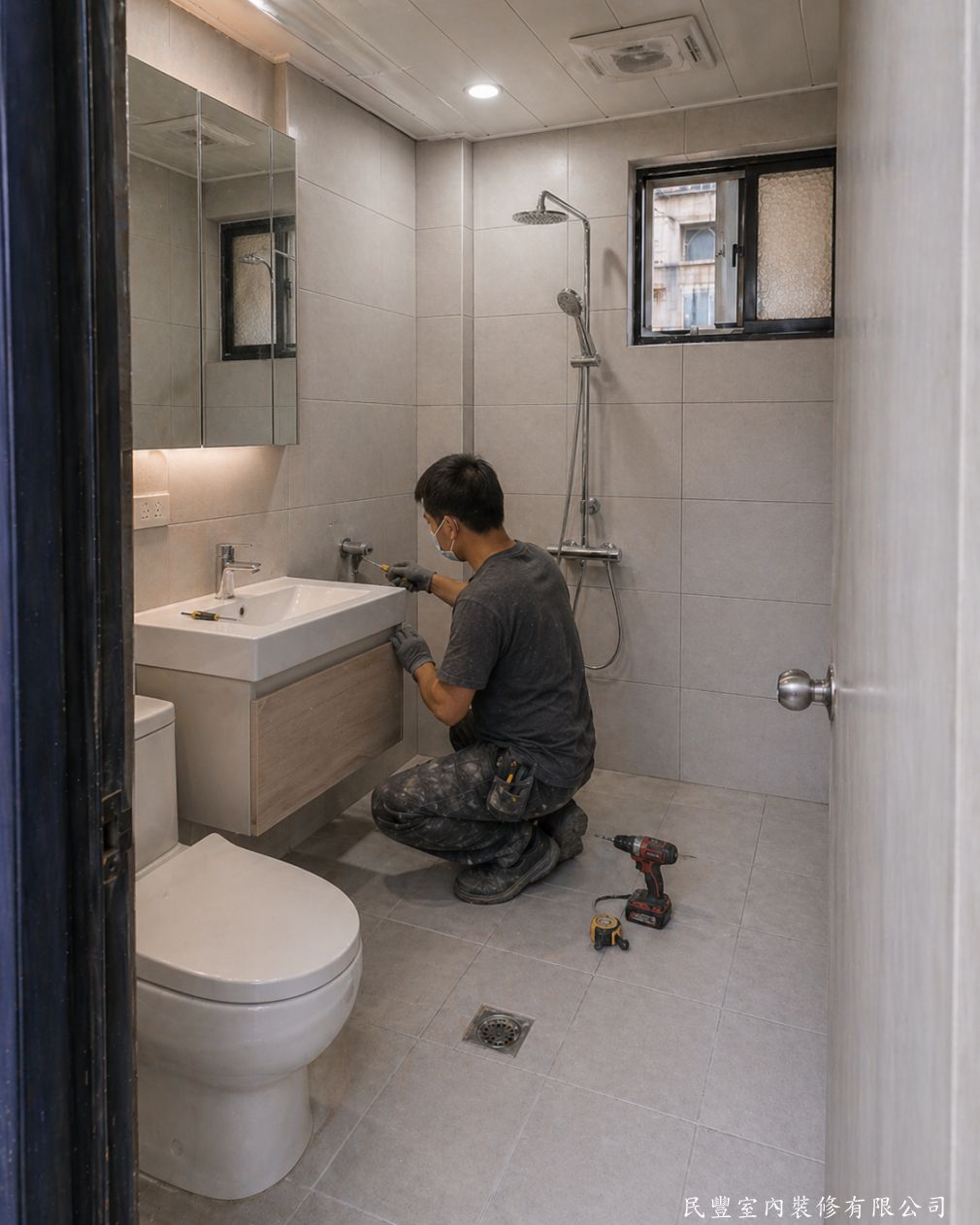 民豐室內裝修-水電與防水工程-泥作貼磚採用大尺寸防滑石英磚，搭配對縫工法讓視覺更顯整齊俐落。設備安裝階段，師傅細心調校馬桶、洗手台、淋浴龍頭與鏡櫃，每處細節皆嚴格把關，確保使用順暢無虞