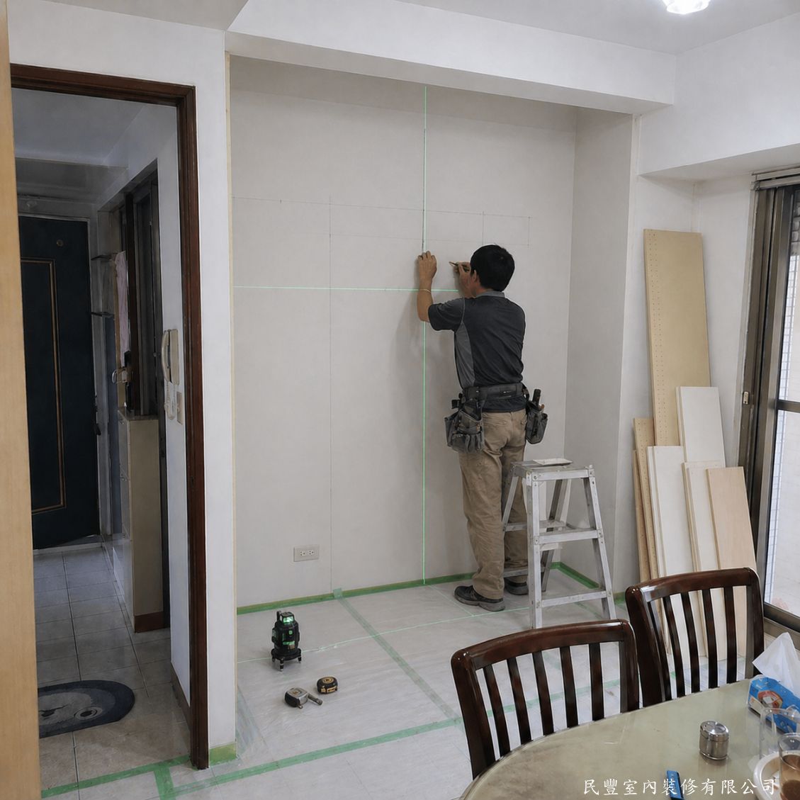 民豐室內裝修-餐廳收納櫃訂製翻新-師傅以雷射水平儀進行精確放樣，在牆面標示出每個格層的位置尺寸，確保施工基準線水平垂直，旁側木料已依圖裁切備妥