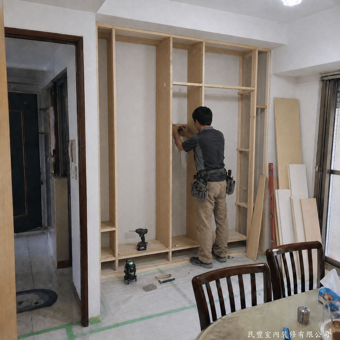 民豐室內裝修-餐廳收納櫃訂製翻新-依放樣基準線組裝夾板骨架，垂直分格與橫向隔板逐一固定，骨架結構紮實牢固，為後續貼皮門板奠定穩定基礎