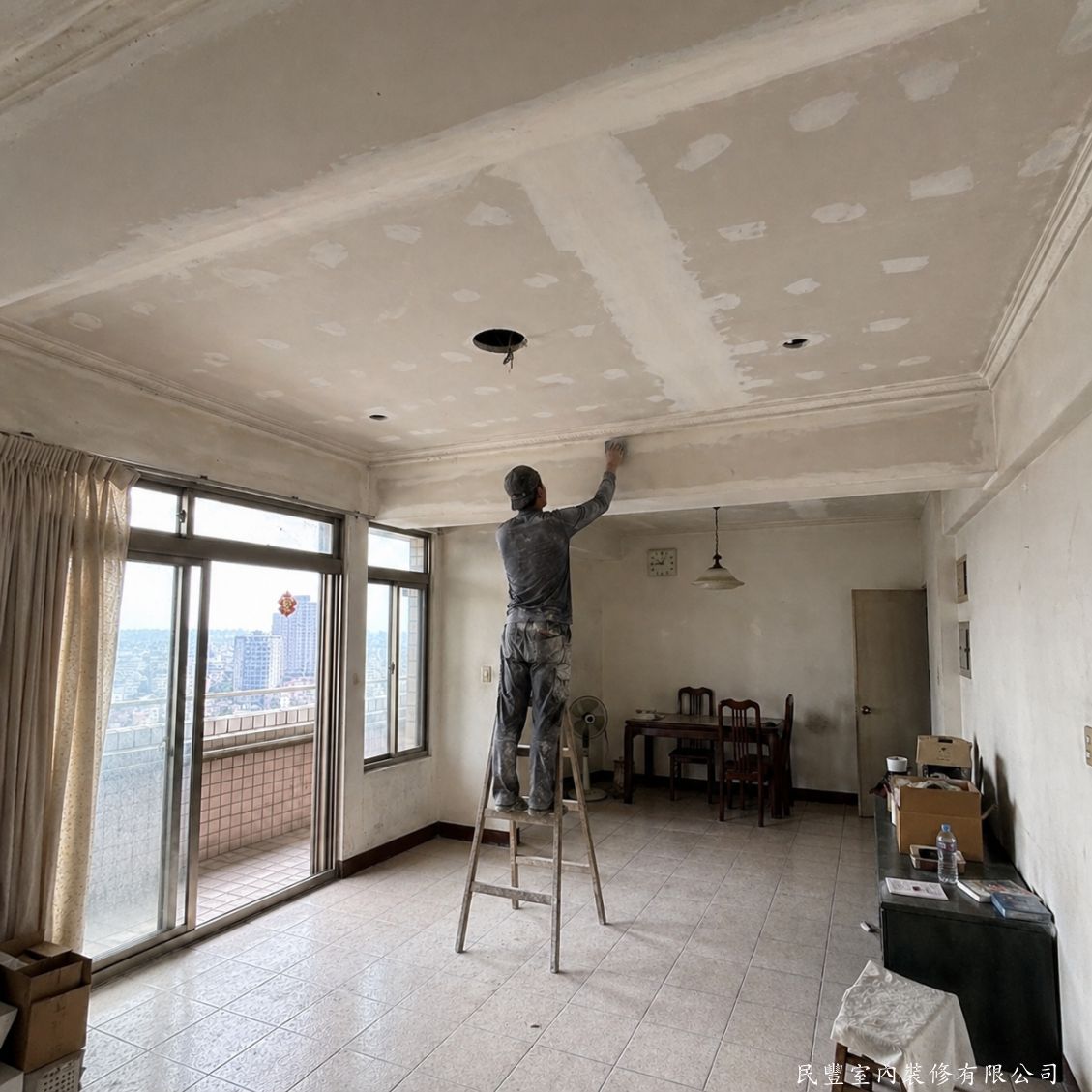 民豐室內裝修-客廳天花板木作平頂施作-師傅以矽酸鈣板進行封板後批土填縫整平，嵌燈孔位精準預留。矽酸鈣板防潮防火，適合台灣潮濕氣候，品質可靠耐用