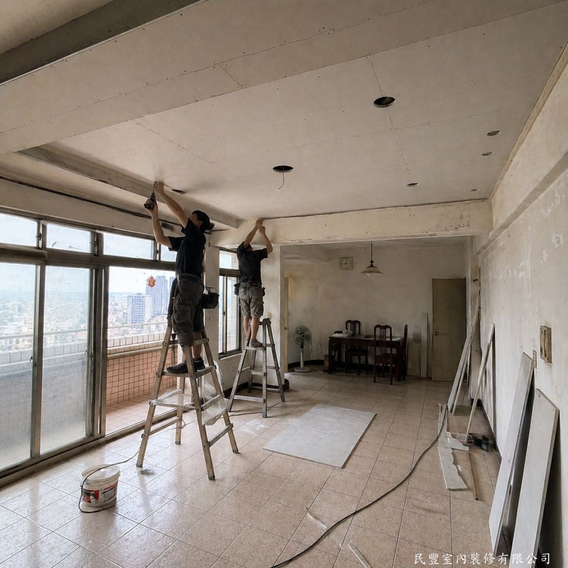 民豐室內裝修-客廳天花板木作平頂施作-兩位師傅站上梯架合力安裝矽酸鈣板，板材接縫整齊對齊，每片確實鎖固，確保天花板平整無翹起，為後續油漆作業做好完善準備