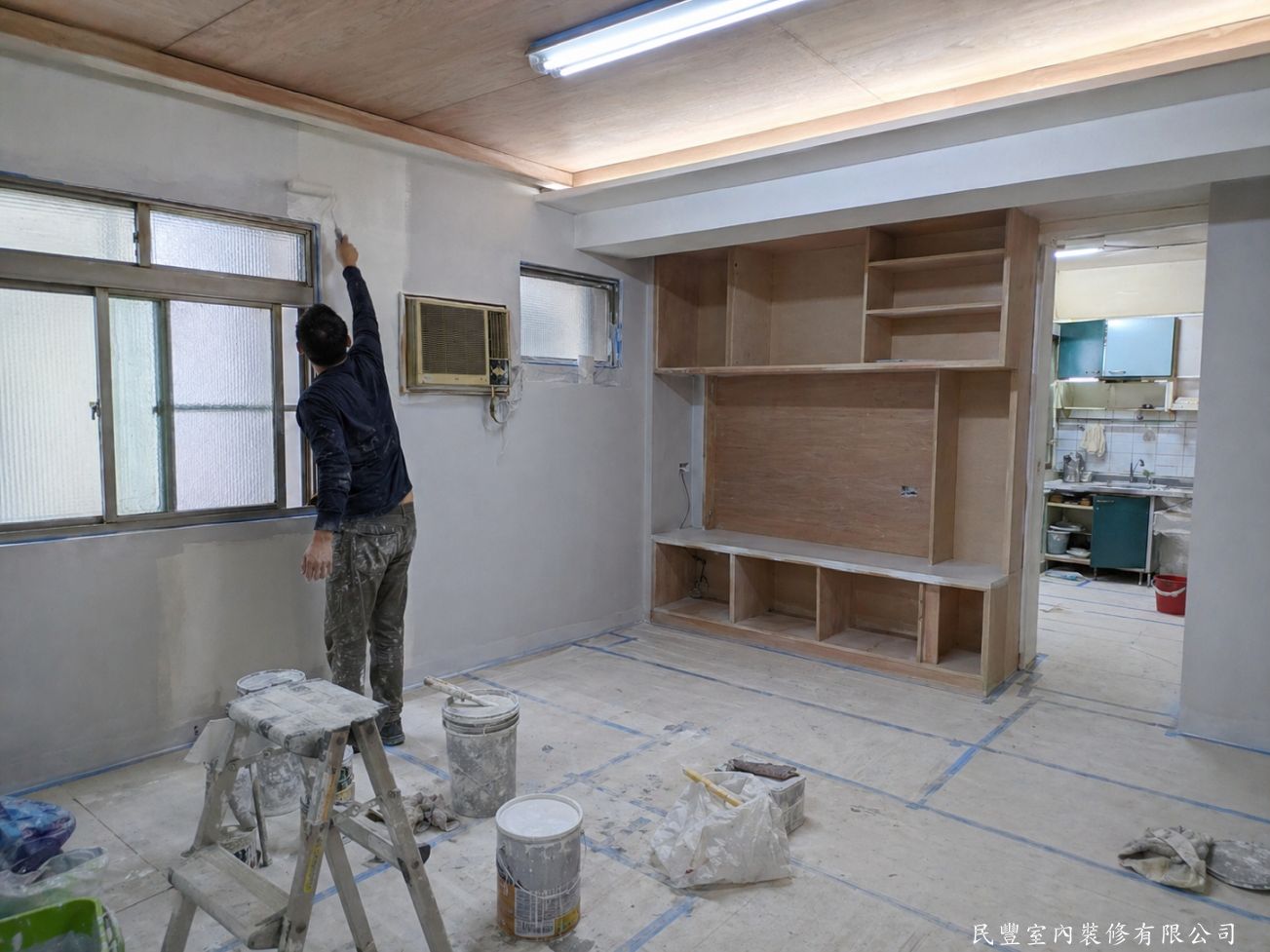 民豐室內裝修-客廳水電木作油漆地板暨廚浴翻新-天花板完成木作平頂封板，間接燈槽預留完成；右側電視木作牆骨架已組立；師傅同步進行壁面油漆粉刷作業，空間整潔明亮