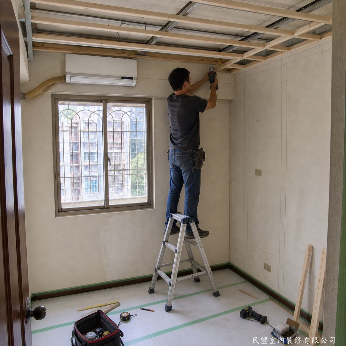 民豐室內裝修-臥室頂天立地衣櫃訂製施作-師傅同步進行天花板輕鋼架骨架施作與衣櫃夾板底板固定，確保衣櫃頂天立地結構穩固，上下銜接精準牢固