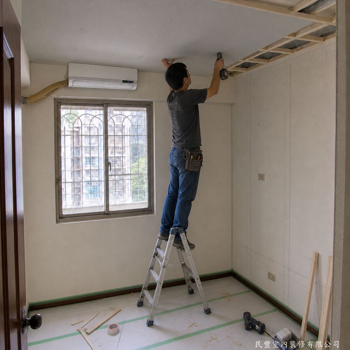 民豐室內裝修-臥室頂天立地衣櫃訂製施作-衣櫃主體骨架完成後，師傅仔細處理頂部與天花板之間的收邊細節，確保上緣平整密合，頂天立地的整體感完整呈現