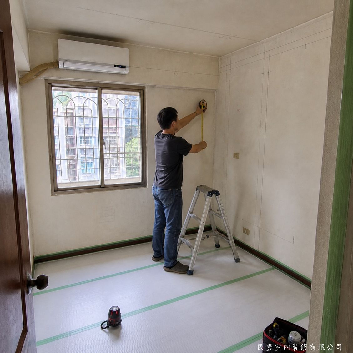 民豐室內裝修-臥室頂天立地衣櫃訂製施作-師傅以捲尺仔細丈量臥室長寬高，確認衣櫃尺寸及分區配置，地板鋪設保護板與美紋膠帶標示施工範圍，為後續木作施工做好準備