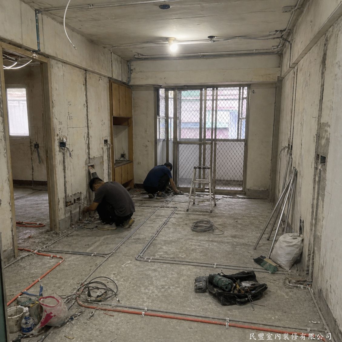 民豐室內裝修-客廳水電木作油漆地板暨浴室翻新-壁面清除後進行水電全室重新配管，地面開槽埋設給排水管，牆面埋設電路管線，確保水電安全符合現代規範