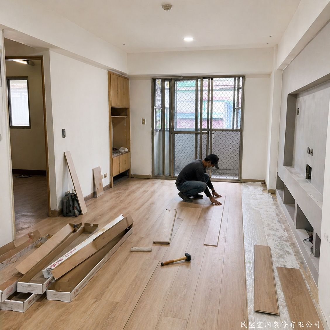 民豐室內裝修-客廳水電木作油漆地板暨浴室翻新-牆面油漆完工後進行超耐磨木地板鋪設，木紋溫潤自然，天花板嵌燈已點亮，電視牆白色格板成形，空間質感躍升