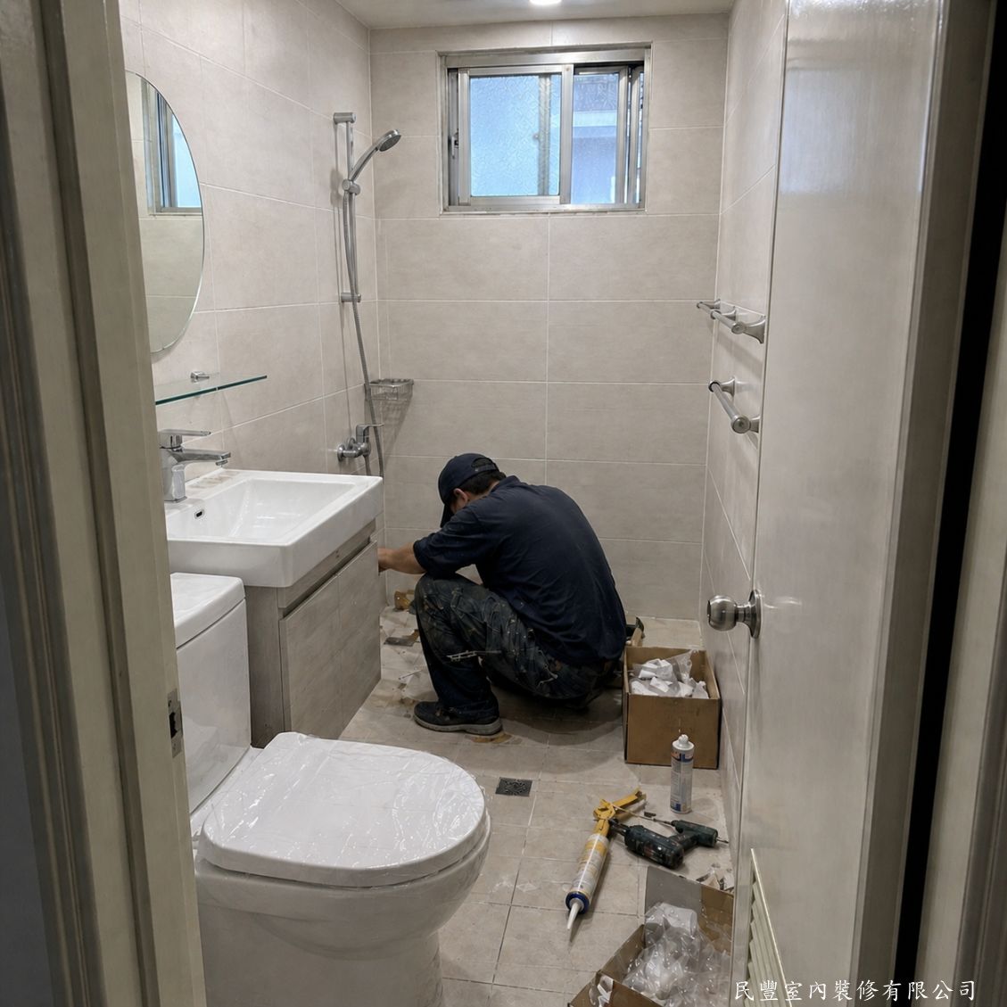 民豐室內裝修-客廳水電木作油漆地板暨浴室翻新-磁磚完成後安裝新馬桶、面盆、蓮蓬頭組，師傅進行最後矽利康收邊，確保防水密合，浴室翻新工程圓滿完工