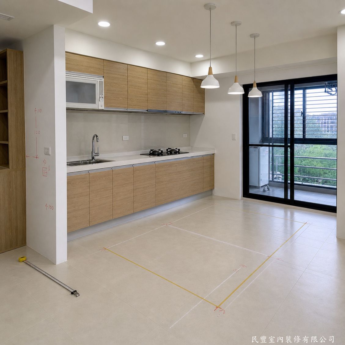 民豐室內裝修-廚房木作中島餐桌訂製施作-廚房完工後，師傅於地板以捲尺及膠帶精確標示中島位置尺寸，確認與廚具、動線及吊燈的位置關係，確保中島施作後空間動線順暢、比例協調
