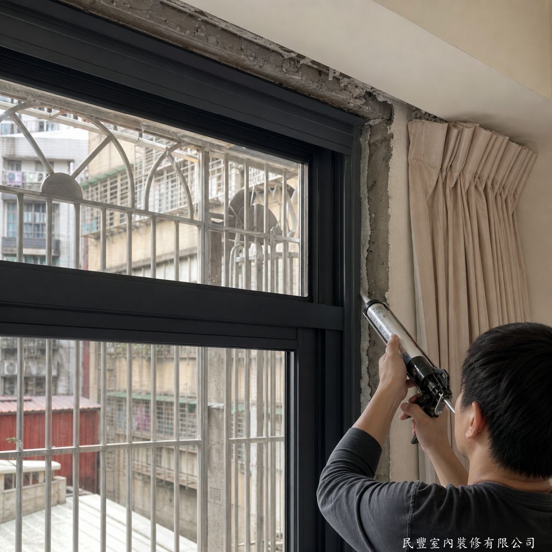 民豐室內裝修-客廳舊鋁窗拆除更換深灰細框橫拉窗-窗框固定完成後，師傅以專業防水矽利康對窗框四周縫隙進行全面填補密封，確保窗框與牆體接合處防水密合，有效防止雨水滲入室內
