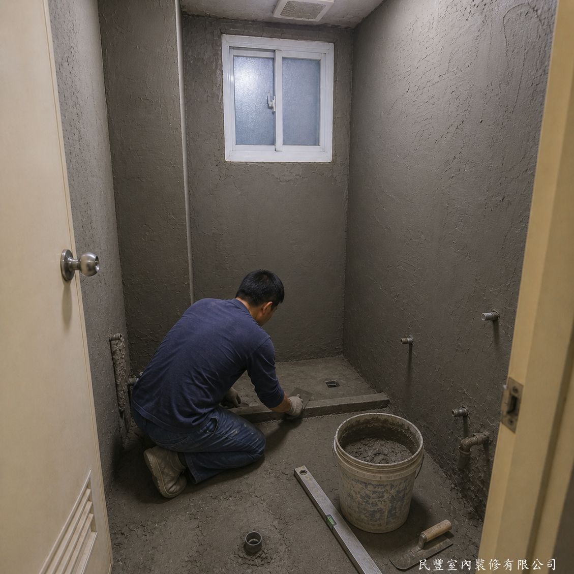 民豐室內裝修-浴室磁磚拆除防水重貼加玻璃淋浴拉門-師傅以水泥砂漿對全室壁面與地面進行打底整平，填補磁磚拆除後的凹凸不平，確保後續防水塗料與磁磚能穩固附著，工序紮實確實