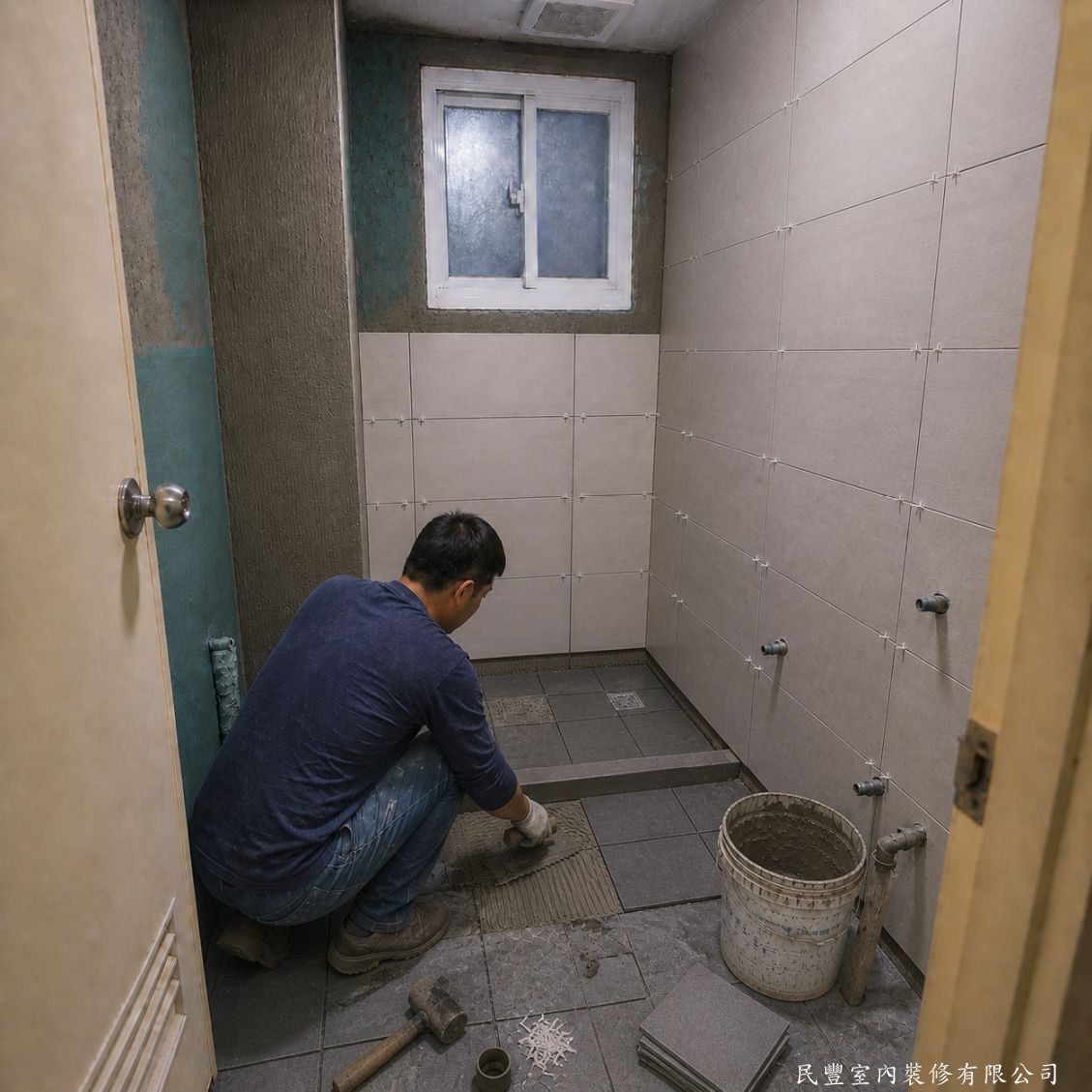 民豐室內裝修-浴室磁磚拆除防水重貼加玻璃淋浴拉門-壁磚貼設完成後進行地磚施工，師傅以深灰色地磚逐片鋪貼，縫隙均勻整齊，並確保地面排水坡度正確，有效導水不積水
