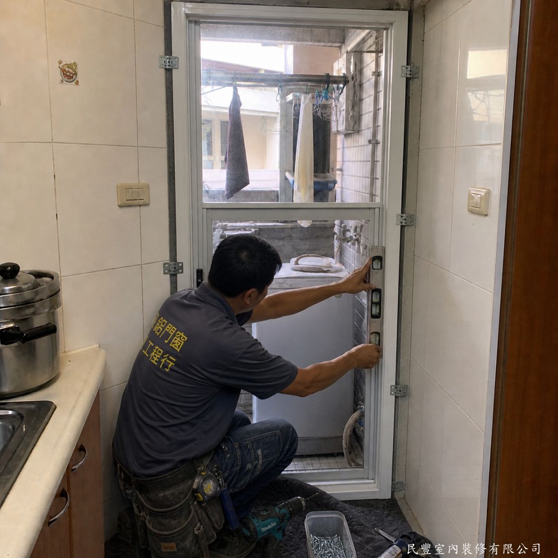 民豐室內裝修-廚房後陽台舊鋁門更換三合一通風門-白色鋁製三合一通風門框套入後，師傅以水平尺仔細校正門框水平垂直，確保安裝精準、門扇開關順暢無卡頓，結構穩固密合
