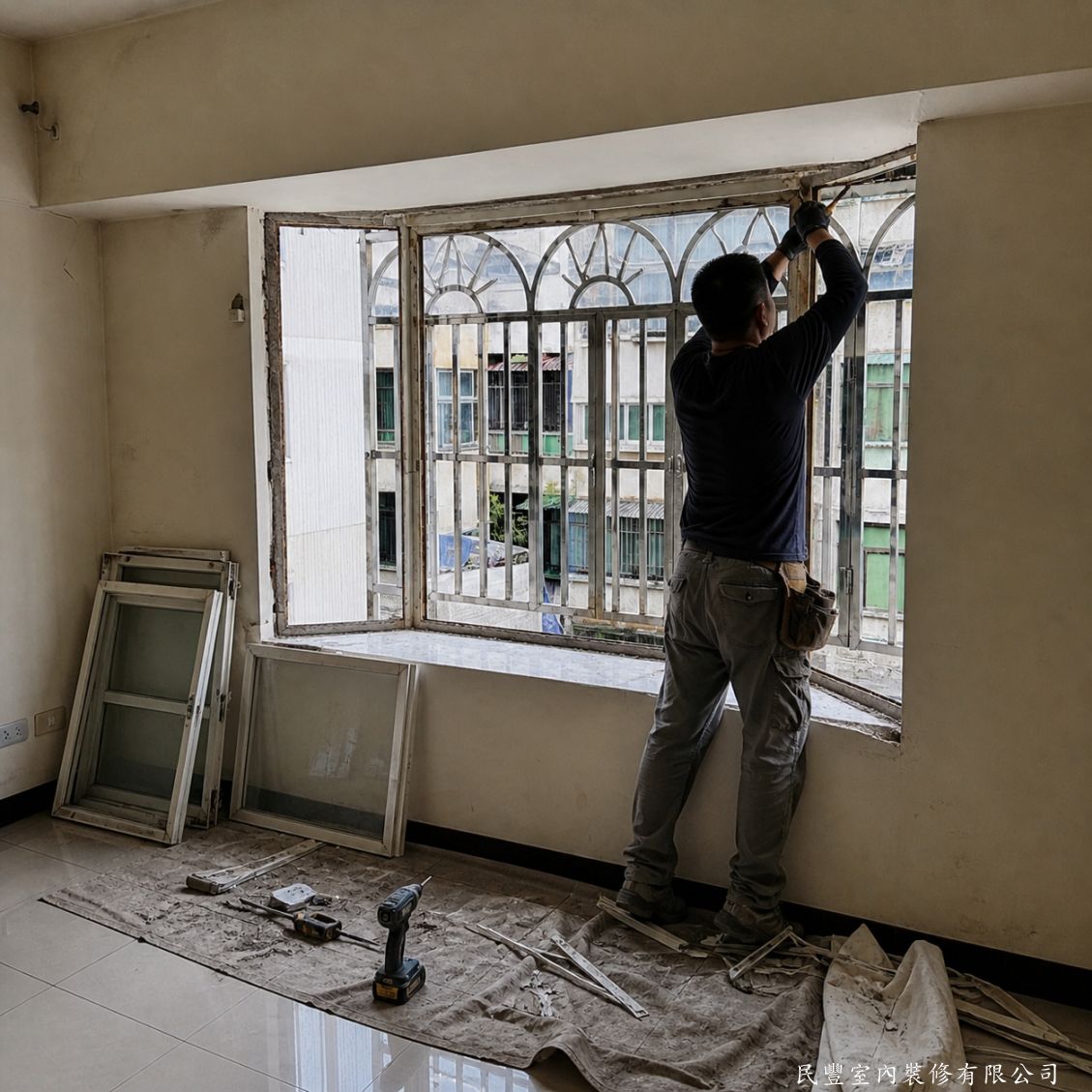 民豐室內裝修-板橋李先生－局部工程：鋁門窗凸窗更換與防水施作-拆除舊框時，施工人員小心保護周邊牆面，避免損傷室內裝潢。拆除後立即清理洞口邊緣，修補不平整水泥面，為新框安裝建立穩固基準面，確保新框安裝後水平垂直精準