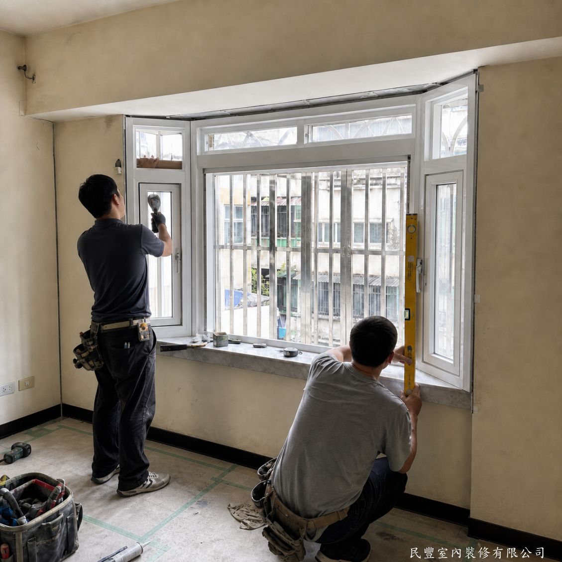 民豐室內裝修-板橋李先生－局部工程：鋁門窗凸窗更換與防水施作-框體固定後，全周邊施打高彈性防水矽利康，以刮刀整平確保框體與牆面完全密合無縫隙。外牆收邊同步以水泥砂漿修補，表面批土整平，防水效果達到最高標準