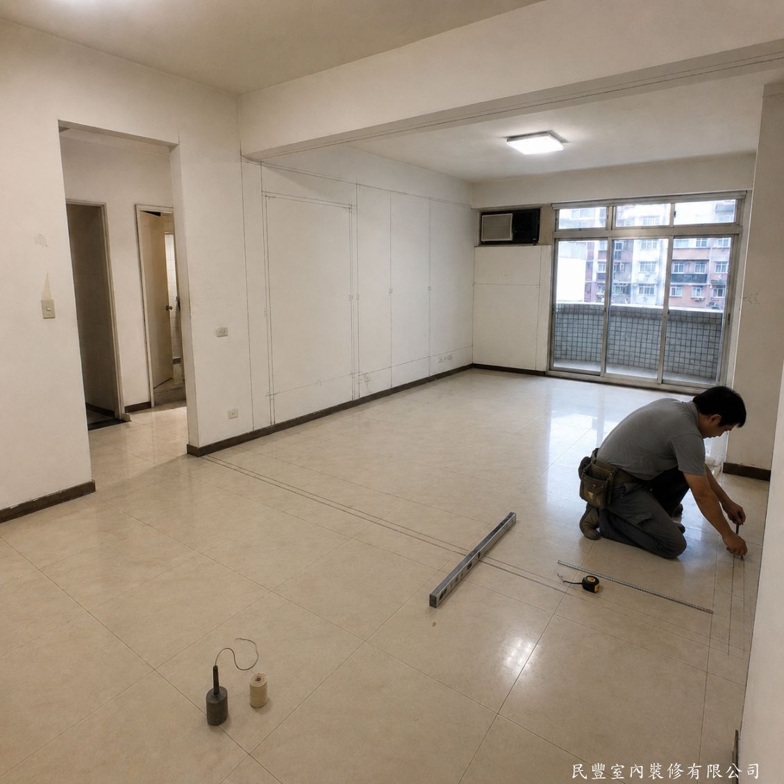 民豐室內裝修-木作隔間01-依業主確認設計圖放樣,於地面及牆面彈出隔間牆墨線,精準標示隔間牆位置,確保水平與垂直角度符合施工標準,奠定後續骨架精準度