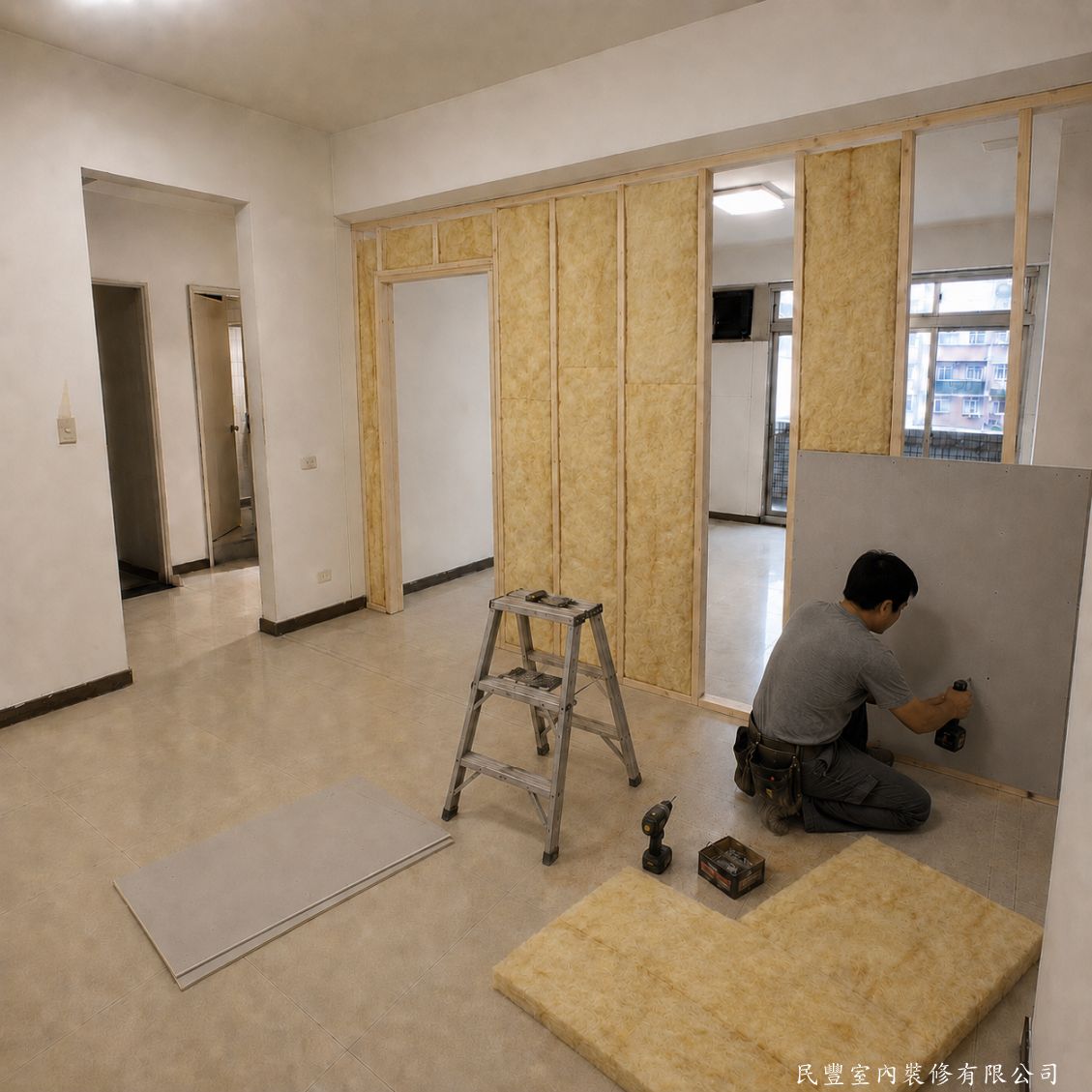 民豐室內裝修-木作隔間01-骨架完成後進行矽酸鈣板封板,精準裁切後逐片固定於骨架上,板縫留適當間隙,確保板面平整度良好,符合後續批土施作要求