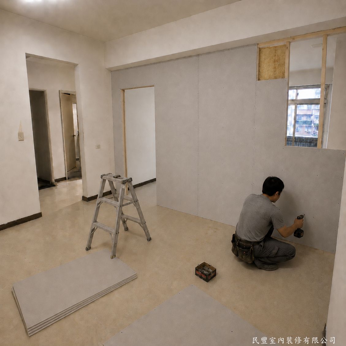 民豐室內裝修-木作隔間01-板縫處以網格補強帶貼覆固定,批土補強填縫,全面打磨至光滑平整,消除表面高低差,為後續油漆或面材提供優質平整基底