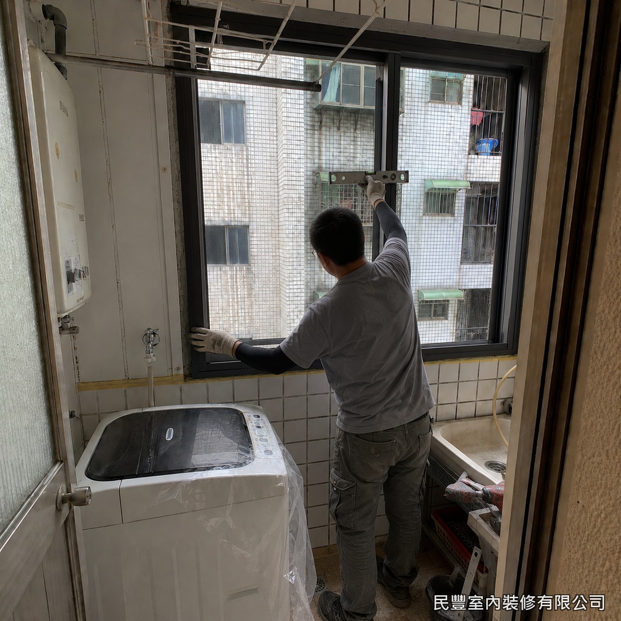 民豐室內裝修-氣密窗-師傅將窗扇與玻璃裝入校正後的窗框,逐點鎖固於結構牆並檢查開合順暢度,確保窗體穩固牢靠不晃動