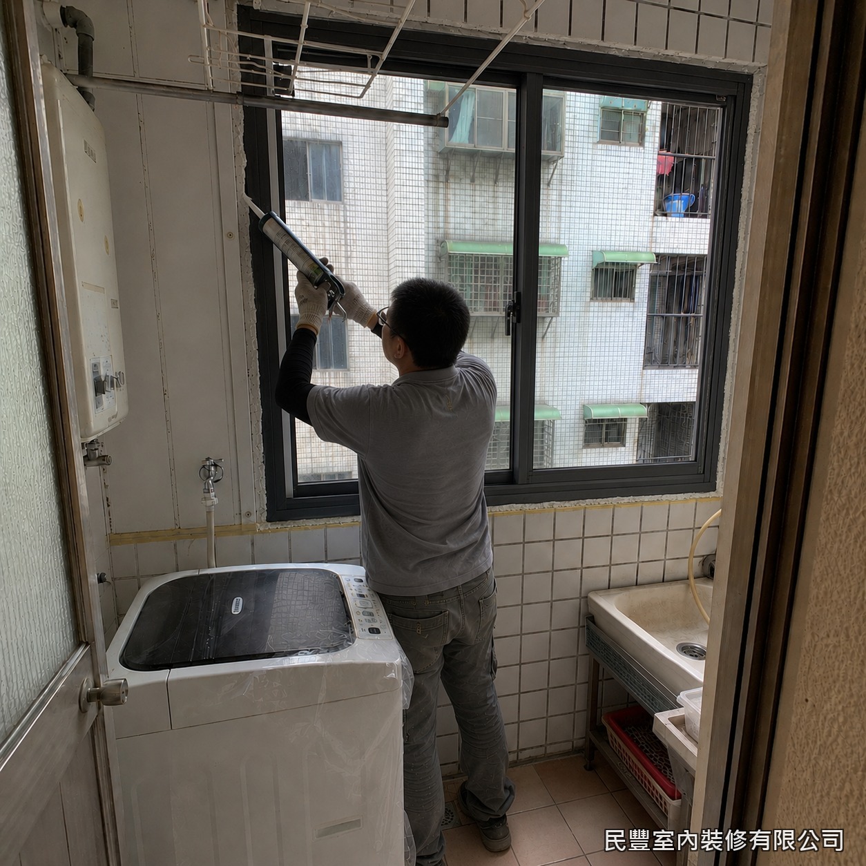 民豐室內裝修-氣密窗-封補孔洞與窗周牆面以水泥批土修補整平,修飾接縫處不平整,多道處理使牆面平順,與原磁磚面自然銜接