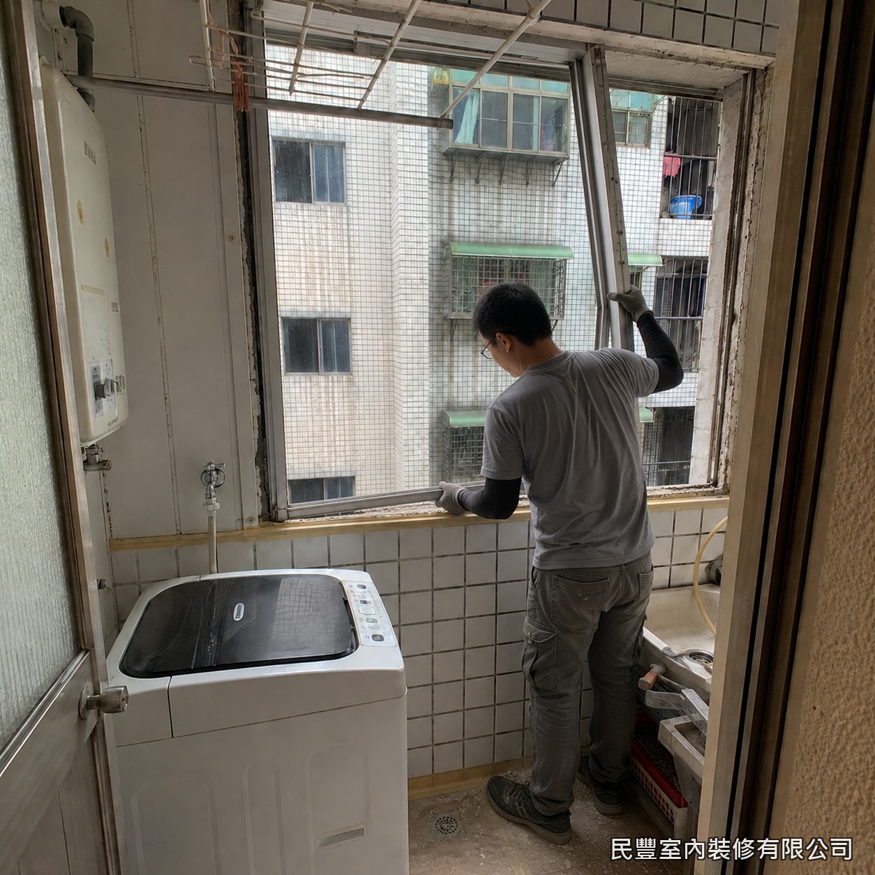 民豐室內裝修-氣密窗-於窗框與牆面接縫處施作塞水路防水,填入防水砂漿確實封填縫隙,阻絕雨水滲入,提升陽台整體防水性能