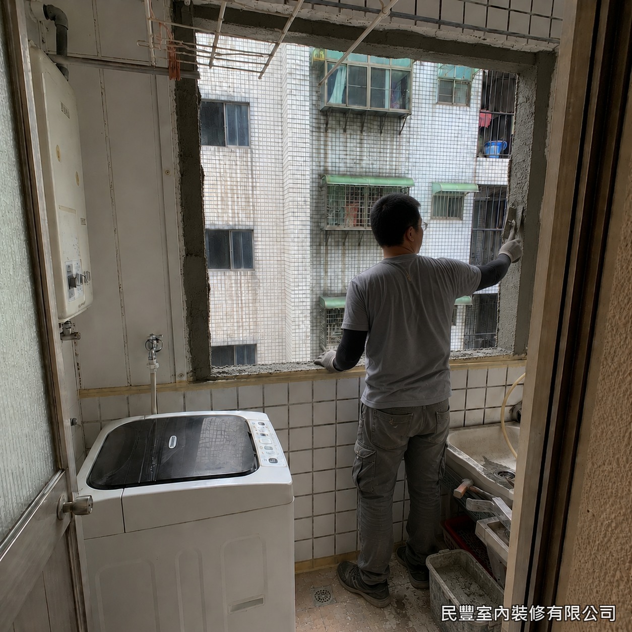民豐室內裝修-氣密窗-拆除原有老舊窗框,並確認牆面閒置冷氣孔位置與周邊結構狀況,清理鬆動水泥與雜物,規劃封補與新窗安裝範圍