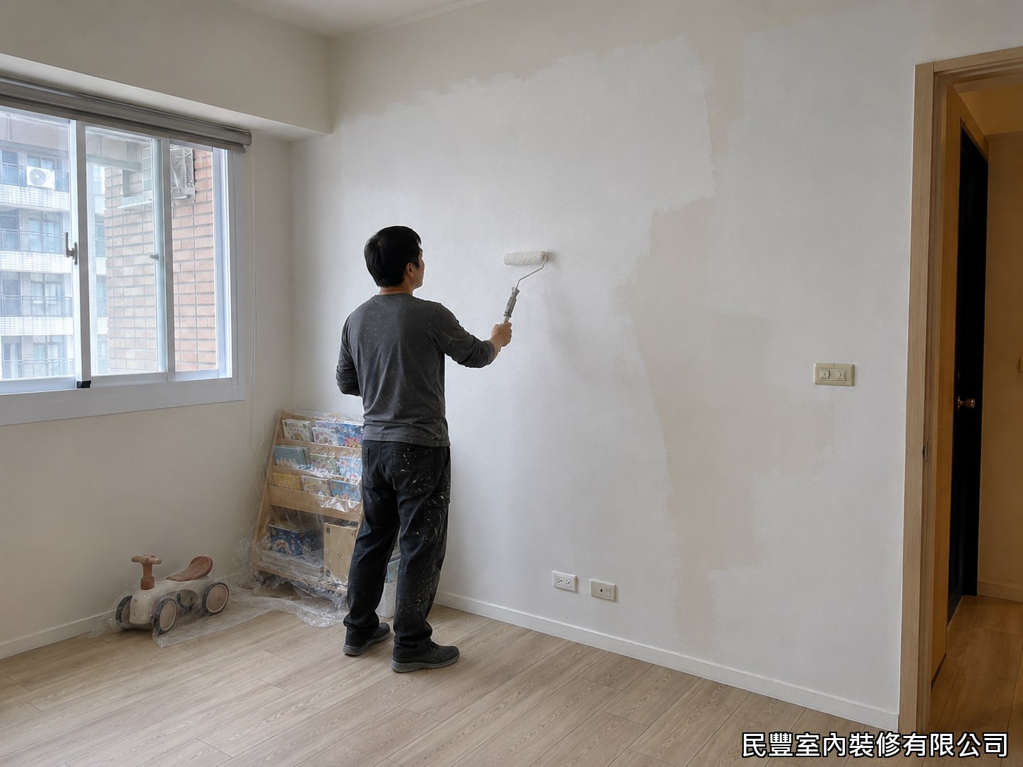 民豐室內裝修-兒童房彩色牆-師傅以滾筒刷均勻塗佈底色，搭配膠帶遮蔽踢腳線及地板邊緣，保持施工範圍整潔，環保乳膠漆用料安全無毒，特別適合兒童房使用，全面覆蓋後效果均勻