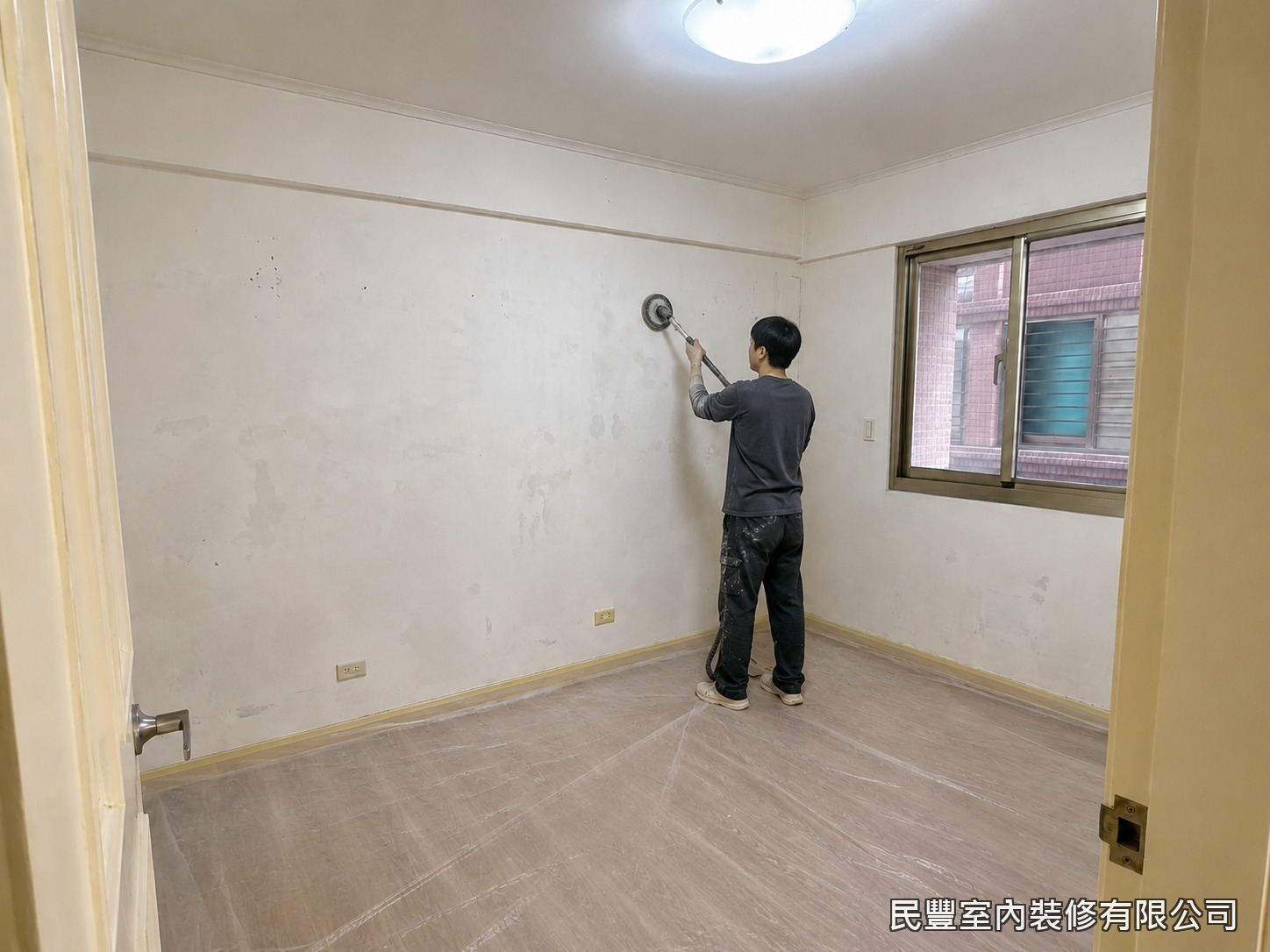 民豐室內裝修-全室牆面刷漆-師傅以電動研磨機全面研磨牆面,徹底去除鬆動的舊漆膜與粉化層,讓基底回復穩固狀態。研磨同時檢查牆體有無裂縫與空鼓,為後續批土作業打好基礎