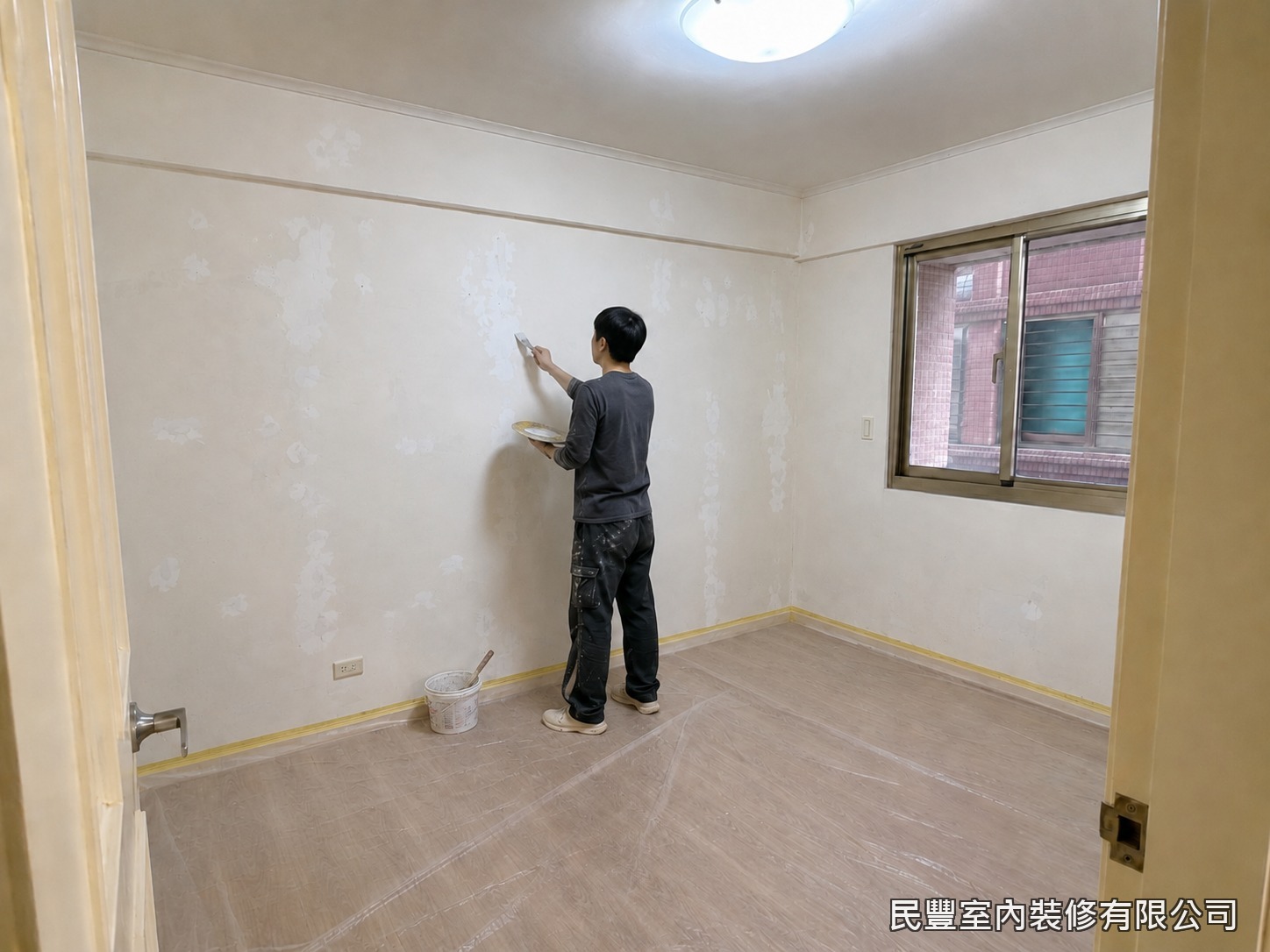 民豐室內裝修-全室牆面刷漆-針對牆面裂縫、釘孔與凹洞逐一批土填補,師傅手工刮塗確實,特別加強窗框與牆角等易裂部位。批土選用優質材料,乾燥後不易收縮龜裂