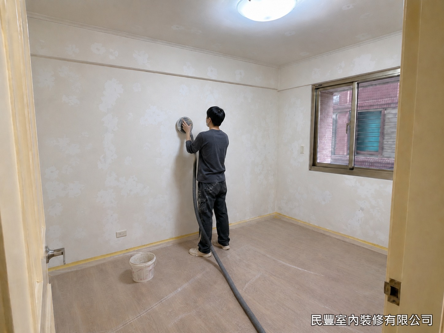 民豐室內裝修-全室牆面刷漆-批土乾燥後以研磨機搭配集塵設備細磨整平,有效降低粉塵飛散,維持室內整潔。研磨後以燈光檢視平整度,凹凸處再次補土修整,反覆作業直到牆面平順
