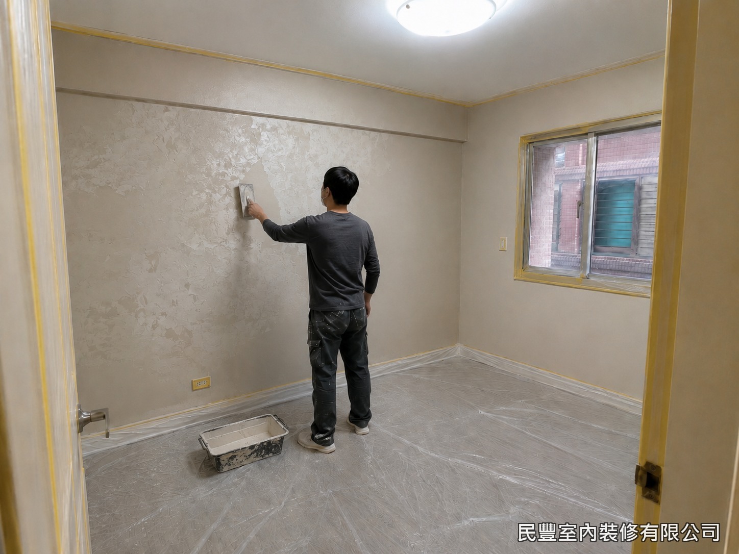 民豐室內裝修-全室牆面刷漆-大面積牆面進行第二道全面批土,以大刮刀均勻抹平,將細微波浪與接縫痕跡完全消除。此道工序是牆面細緻度的關鍵,師傅以豐富經驗控制批土厚薄一致