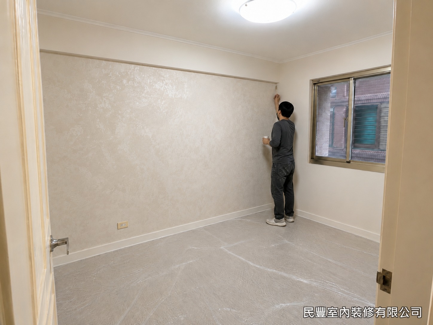 民豐室內裝修-全室牆面刷漆-完工前全室巡檢,以近距離光照檢視牆面,針對細微瑕疵當場修補,天花板與牆面交界處仔細整理,堅持把品質做到位才交屋