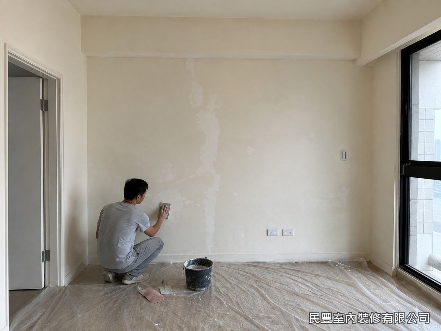 民豐室內裝修-藝術牆畫-地坪滿鋪保護，牆面先行批土研磨整平並上底漆，良好基底是藝術塗料顯色均勻的關鍵