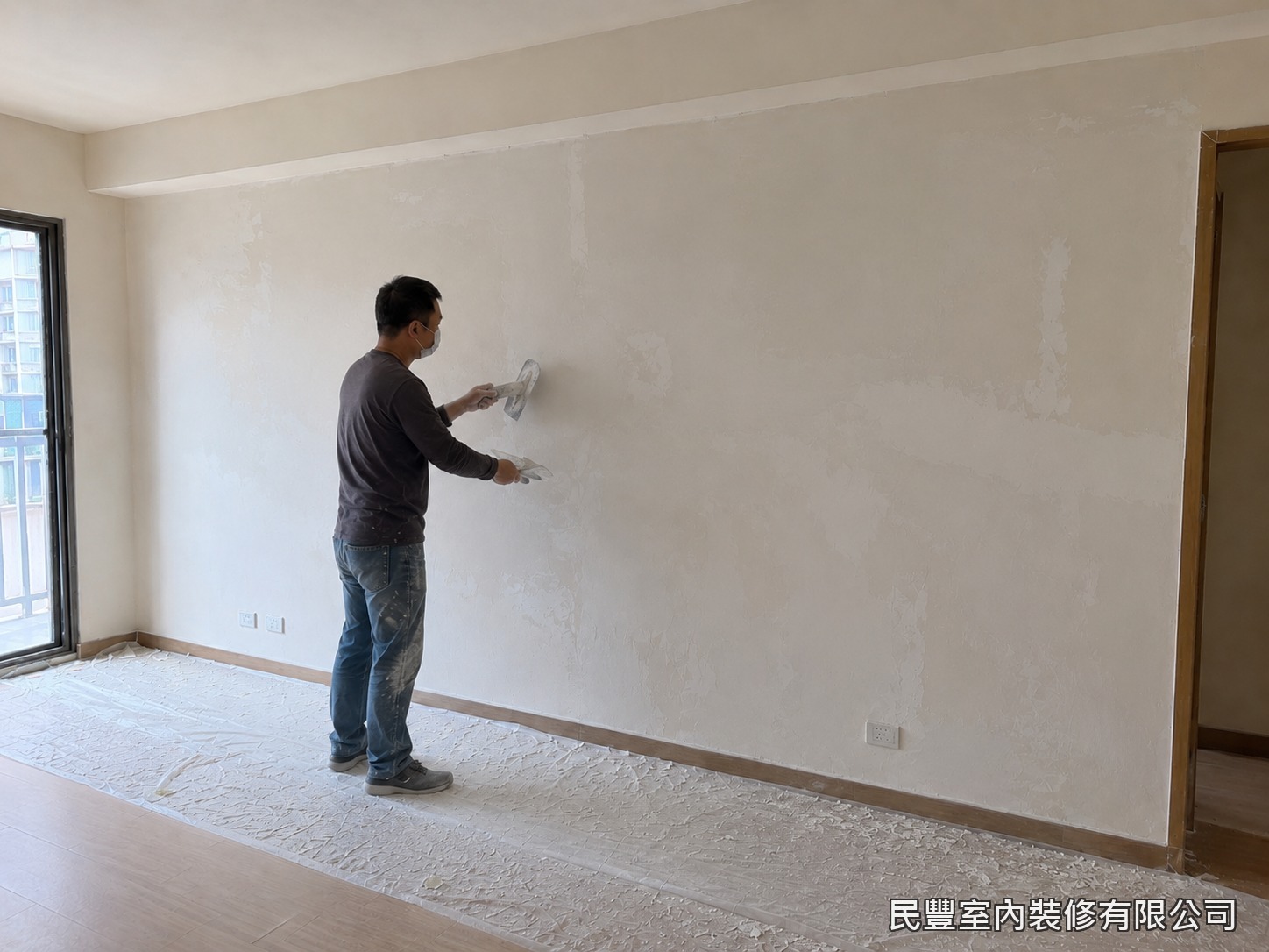 民豐室內裝修-客廳牆面批土刮除-批土乾燥後細緻研磨收面,燈照檢查無波浪陰影,牆面平整緊實