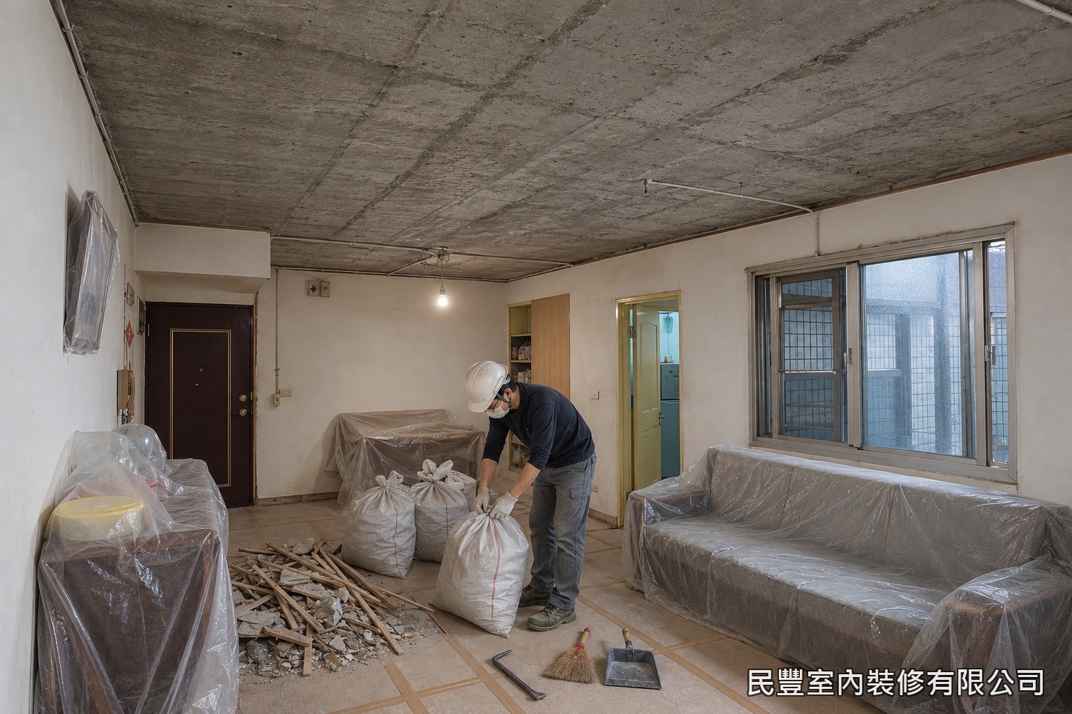 民豐室內裝修-天花板-將舊天花面材與骨架完整拆除至RC樓板結構面,露出原有管線;地面與家具鋪設養生保護材,廢料袋裝集中並清運