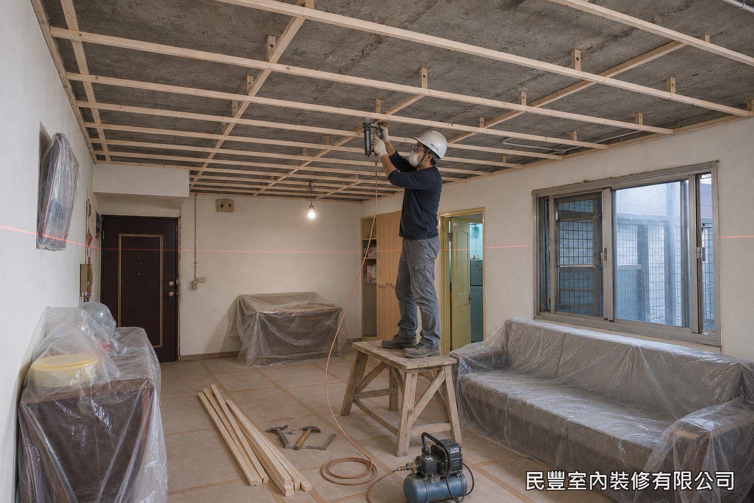 民豐室內裝修-天花板-以雷射水平儀定標高並彈墨線,集成角材吊筋與主副骨架依線固定,格柵間距約30至40公分,逐一校正水平