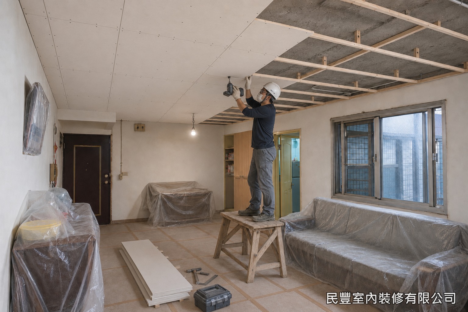 民豐室內裝修-天花板-選用6mm矽酸鈣板,以螺絲固定於角材骨架,板縫預留待批土處理,封板面平整、螺絲孔規律排列
