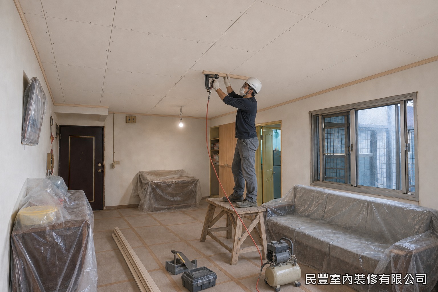 民豐室內裝修-天花板-天花與牆面交接處安裝收邊線板,轉角45度對角收口,修飾交接縫隙使整體線條俐落