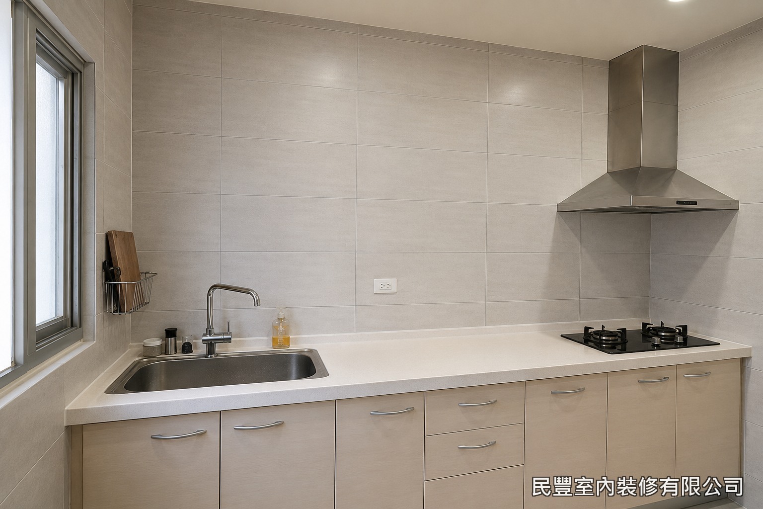 民豐室內裝修-廚房上方吊櫃-施工前的廚房現況，流理台上方壁磚牆面尚未設置吊櫃，收納空間不足。民豐團隊現場勘查牆面結構與既有設備位置，確認吊櫃尺寸與吊掛方式後展開施工