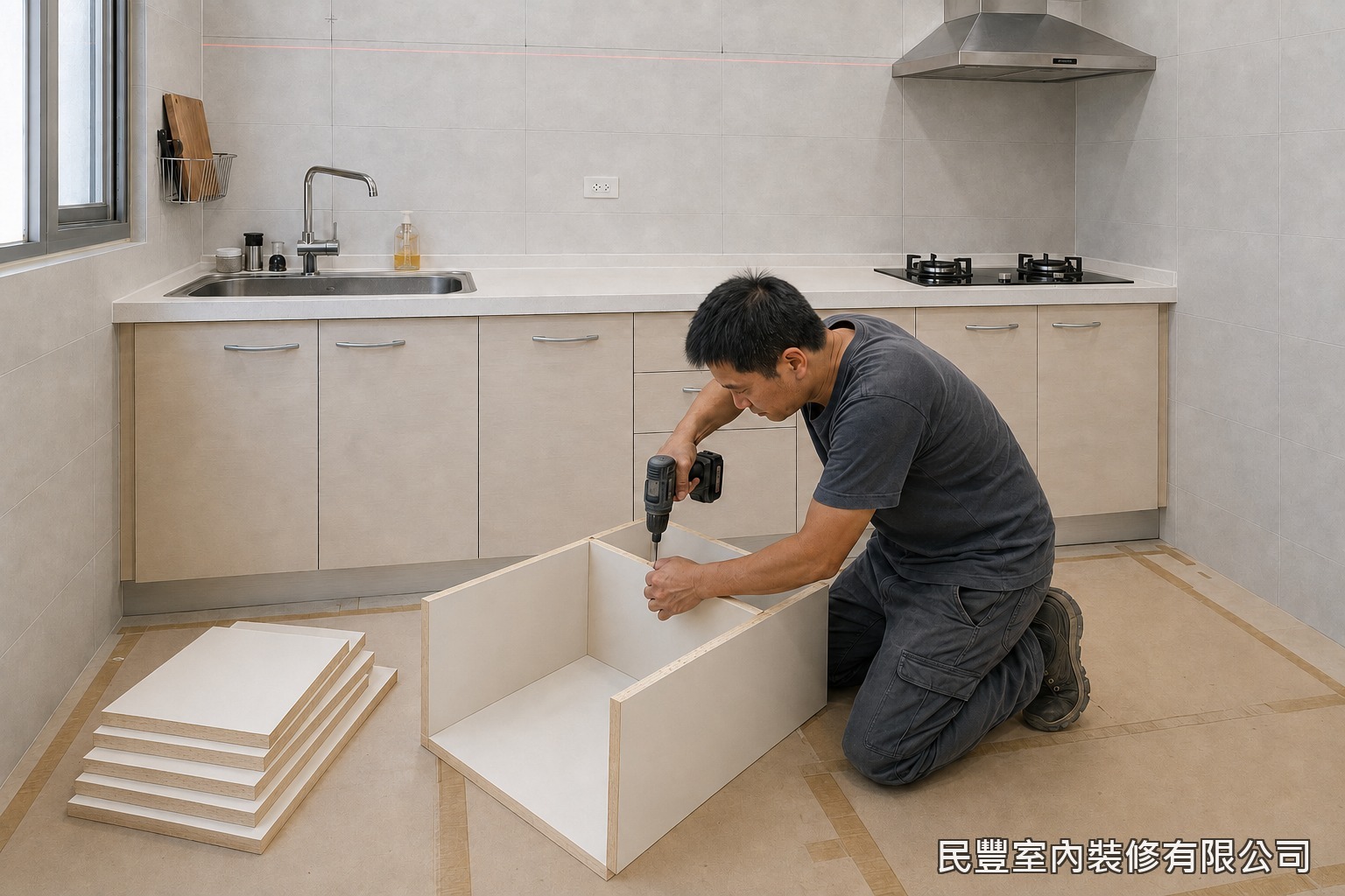 民豐室內裝修-廚房上方吊櫃-地面鋪設養生保護材後，師傅現場裁切六分木心板，將側板、頂底板與背板鎖固組立成吊櫃箱體。桶身本身即為結構，牆面不需另設角材骨架，工序乾淨俐落