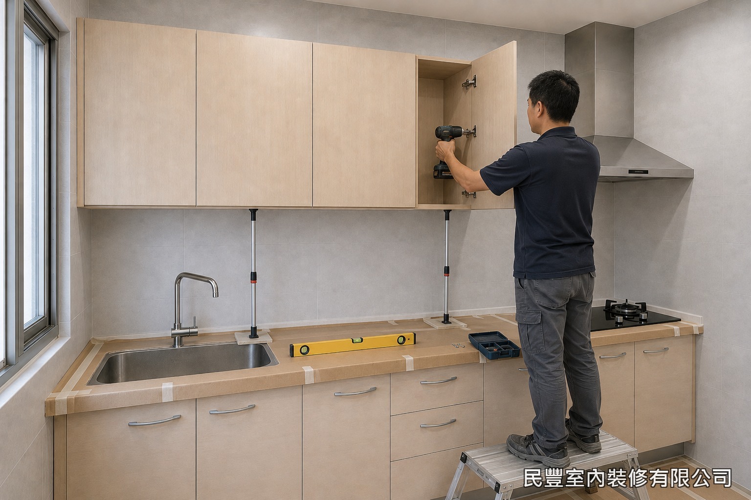 民豐室內裝修-廚房上方吊櫃-組立完成的櫃體抬升至放樣位置，靠牆水平校正後以螺絲鎖固於牆面結構，接著吊掛淺色木紋門片並調整緩衝鉸鏈，確保門片開闔順暢、縫隙均勻