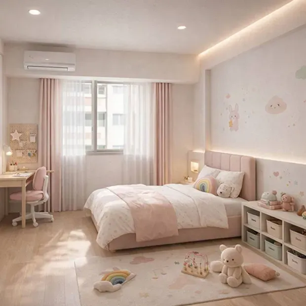 AI 模擬完工圖｜裝修前就看到裝修後－6歲女童房間實例-在正式施工前，民豐室內裝修工程團隊先到府進行現場勘察，完整記錄空間的原始格局、採光條件與屋況
