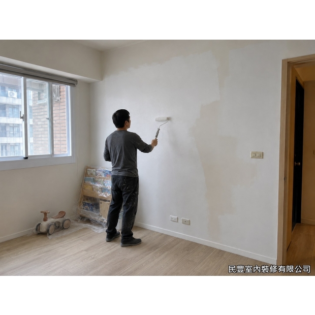 兒童房彩色牆-師傅以滾筒刷均勻塗佈底色，搭配膠帶遮蔽踢腳線及地板邊緣，保持施工範圍整潔，環保乳膠漆用料安全無毒，特別適合兒童房使用，全面覆蓋後效果均勻