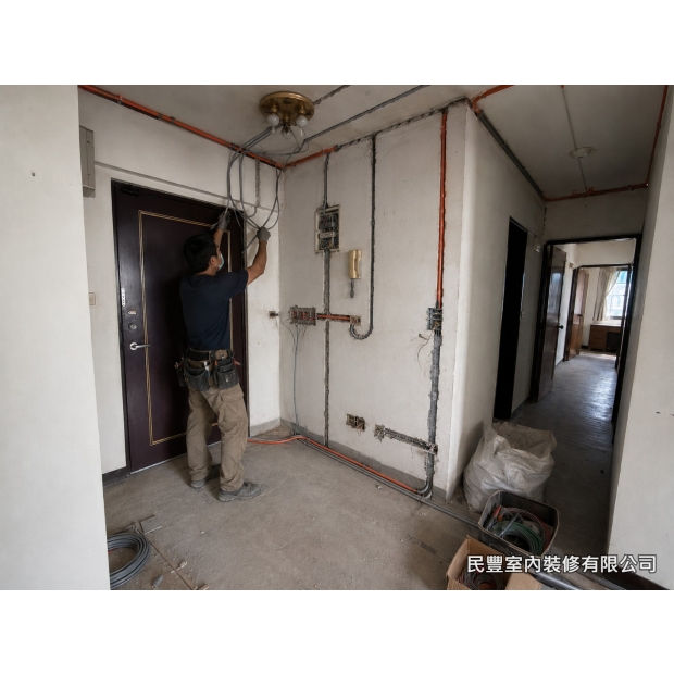 全室系統傢具裝修-水電師傅沿牆面進行新迴路配管，精準安裝燈源配電管線，所有走管依規劃固定，為後續木作天花板及系統傢具安裝奠定安全用電基礎