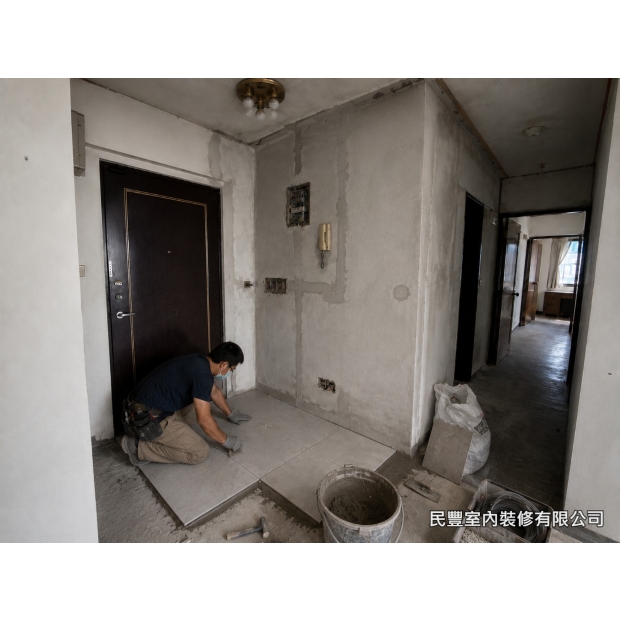 全室系統傢具裝修-師傅以整板磁磚精準鋪設玄關地面，使用水平工具校正每片磁磚，確保完工後地面平整，磁磚縫隙均勻美觀，搭配整體空間設計風格