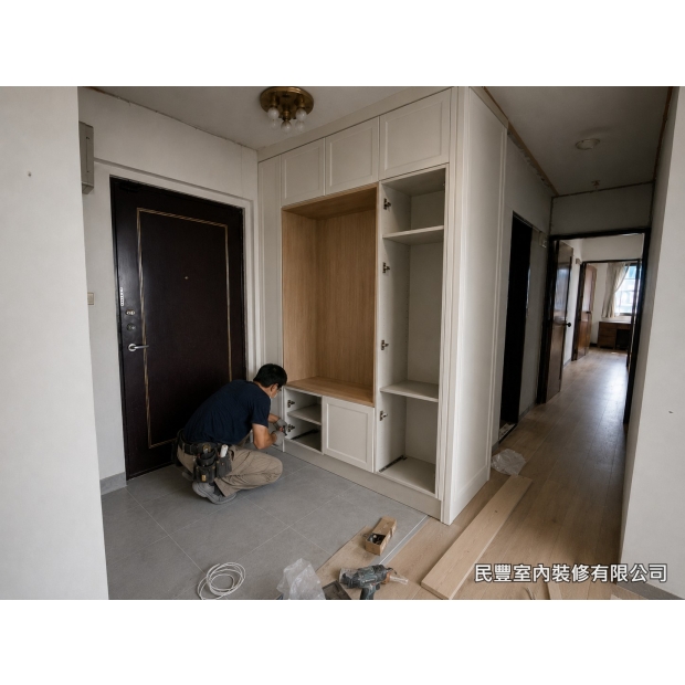 全室系統傢具裝修-系統板材依現場尺寸精確裁切後組立，師傅仔細安裝玄關收納牆系統櫃骨架，展現現代簡約風格，木紋色調與白色外框完美搭配