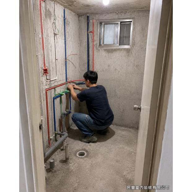 衛浴廚房雙翻新-重新配置冷熱水管（紅藍）與電線管路（綠），給水、排水與電源位置依新規劃精準定位