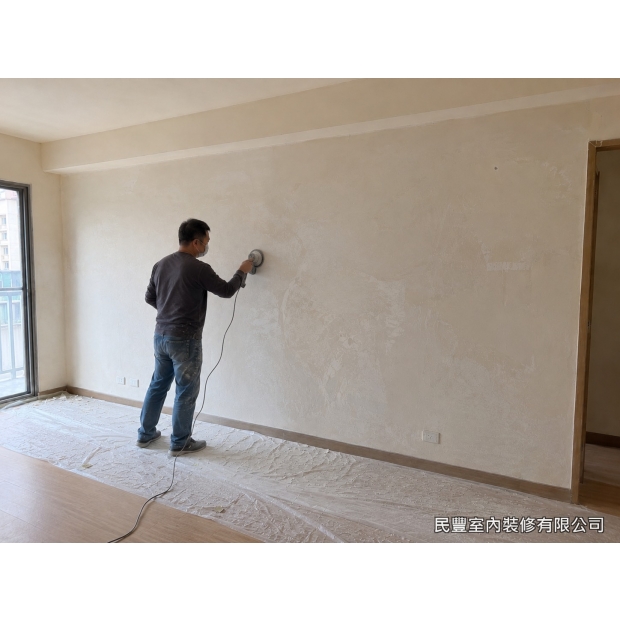 客廳牆面批土刮除-全牆重新批土，分道薄批堆疊，確保附著力與平整度兼備
