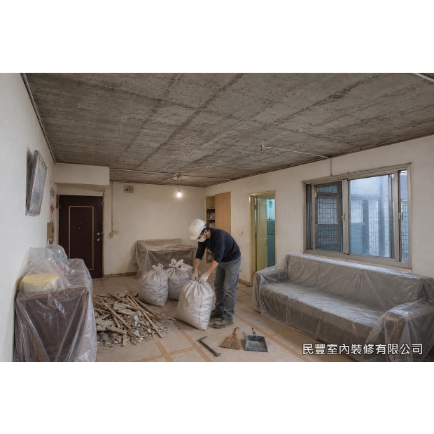天花板-將舊天花面材與骨架完整拆除至RC樓板結構面，露出原有管線；地面與家具鋪設養生保護材，廢料袋裝集中並清運
